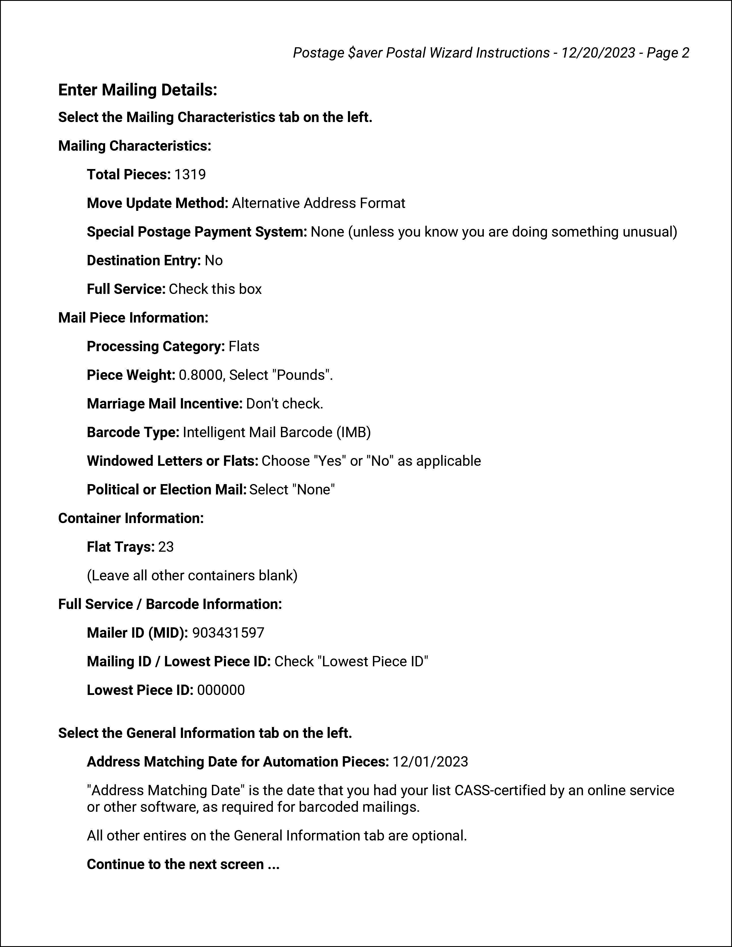 USPS Postal Wizard Instructions report