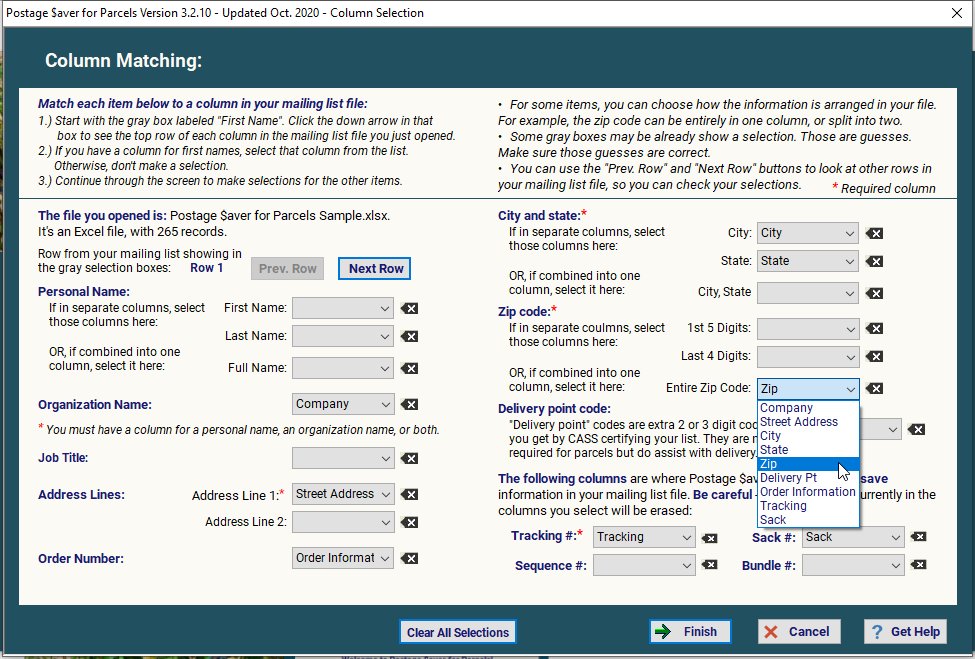 Postage $aver for Parcels column selection screen